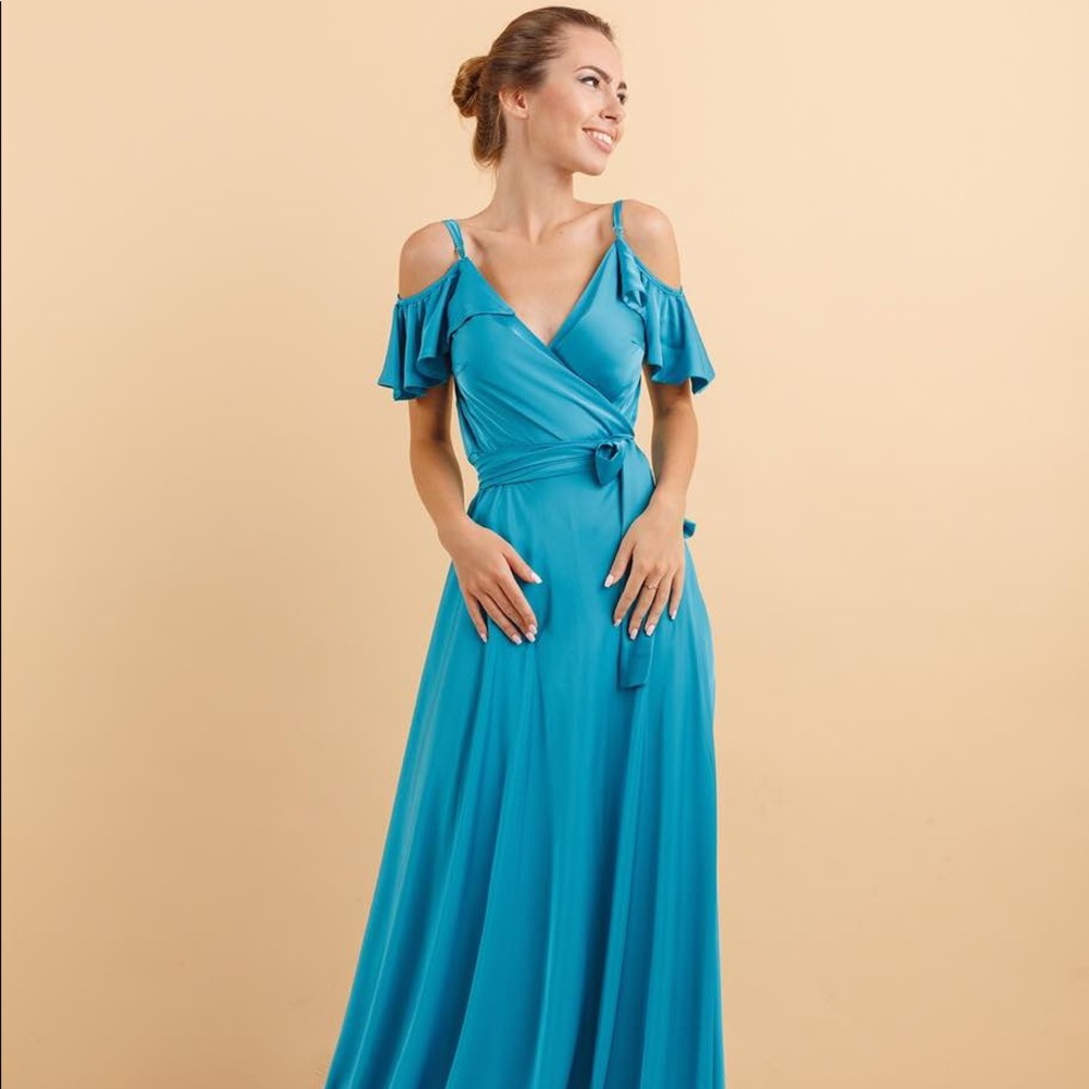 ❗️NEW❗️Turquoise Ruffle Sleeves Wrap Maxi Dress
